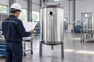 Engineer reviewing upright stainless alcohol receiving tank for vent design inputs