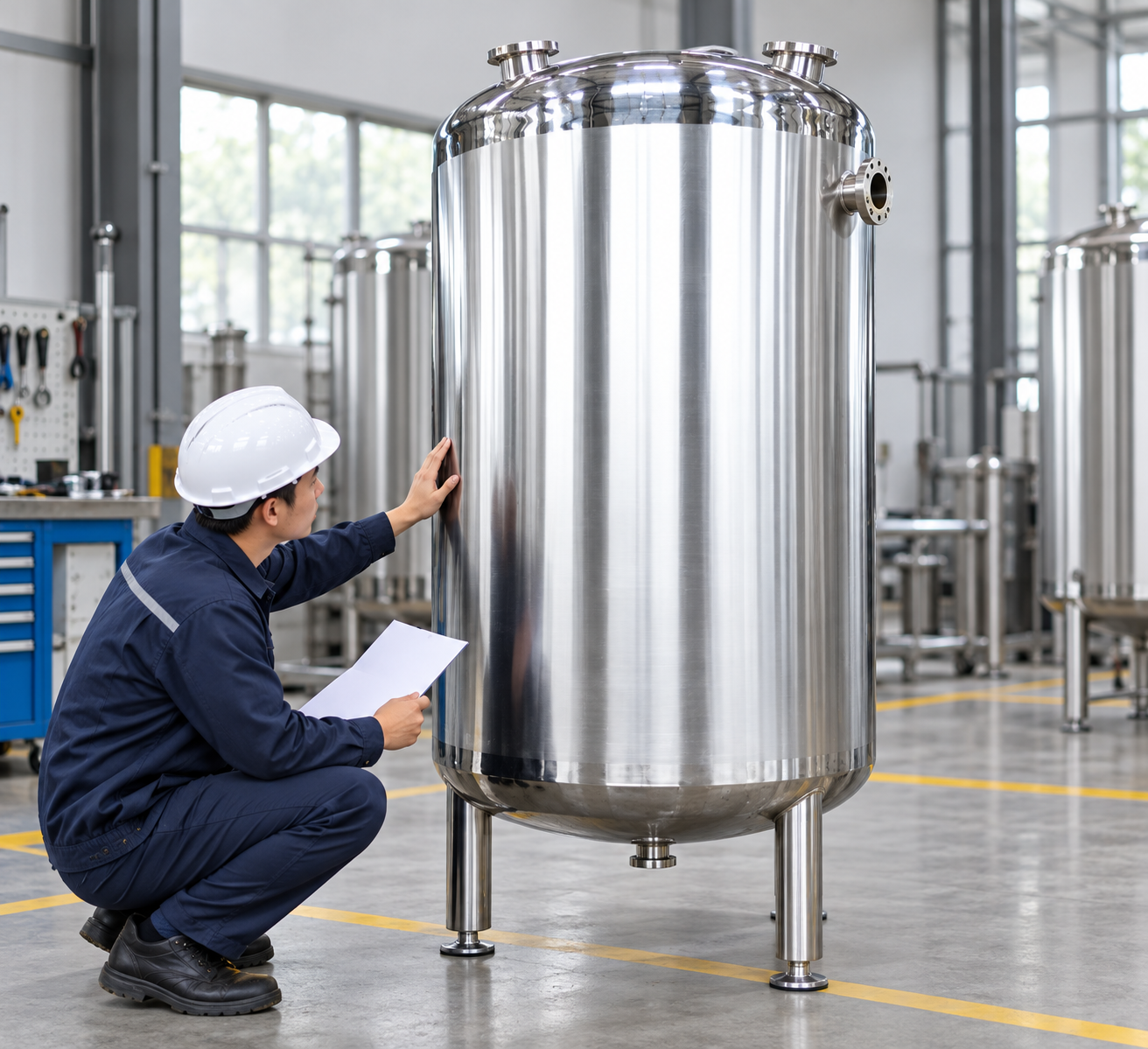 Pemeriksaan luar tangki alkohol Technician checking the exterior of an upright stainless alcohol receiving tank