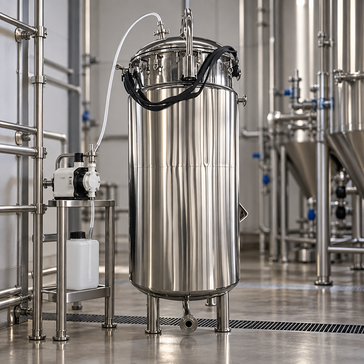 Antifoam dosing pump connected to a stainless steel fermenter