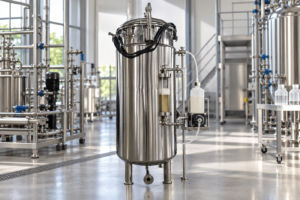 Stainless steel fermenter with foam sight glass and antifoam dosing pump