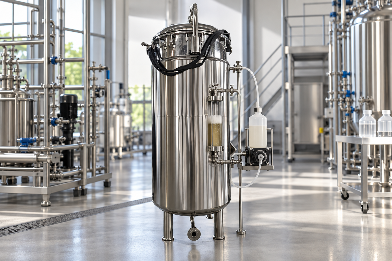 Stainless steel fermenter with foam sight glass and antifoam dosing pump
