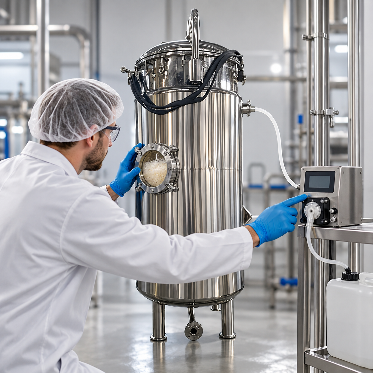 Technician monitoring fermenter foam and dosing control