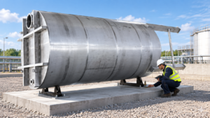 Horizontal stainless storage tank supported on an engineered concrete foundation