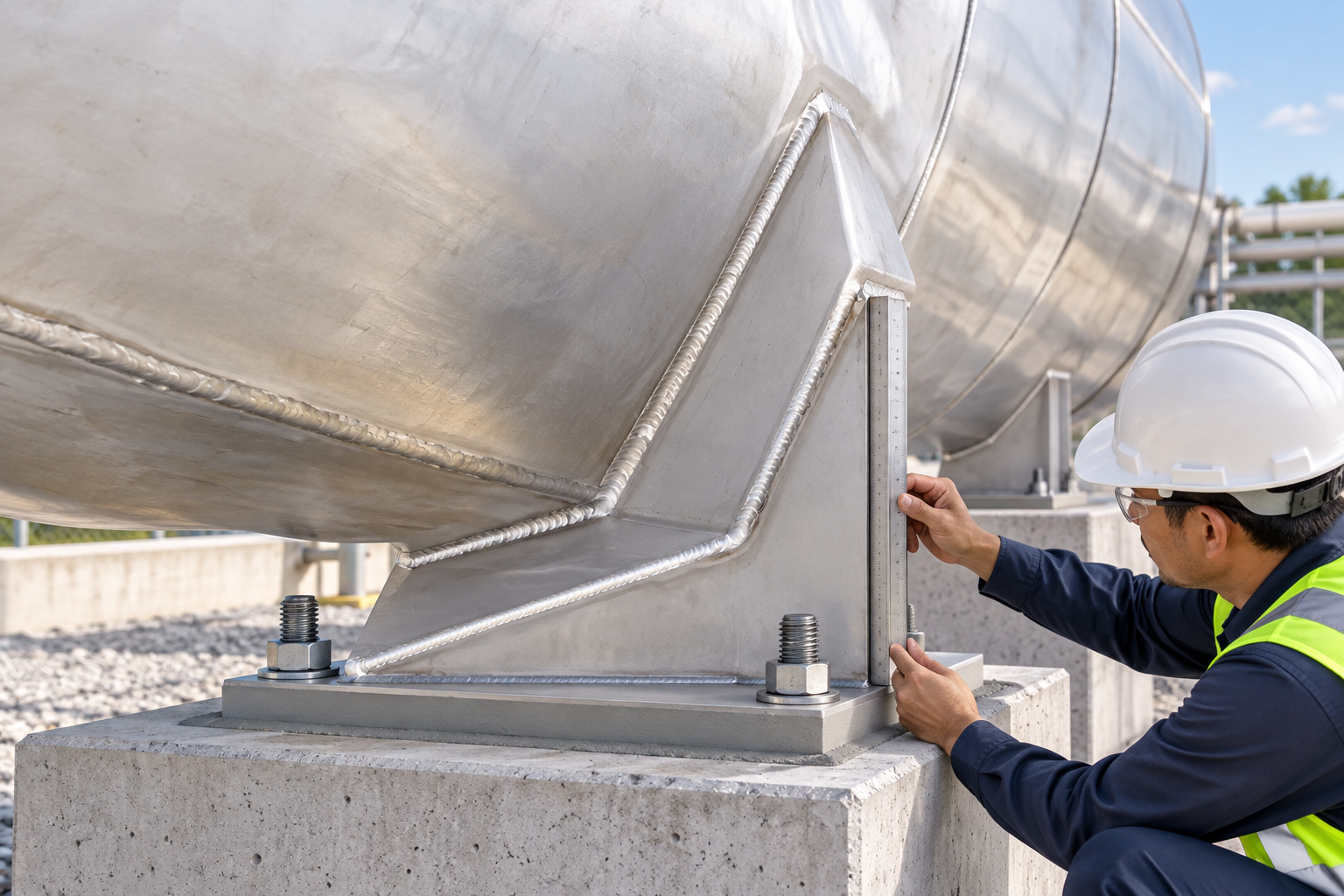 Horizontal tank saddle foundation Engineer checking a stainless tank saddle, base plate, grout and anchor bolts