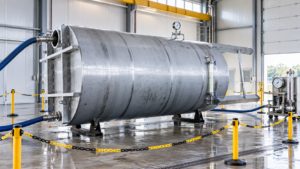 Horizontal stainless storage tank prepared for a controlled hydrostatic test