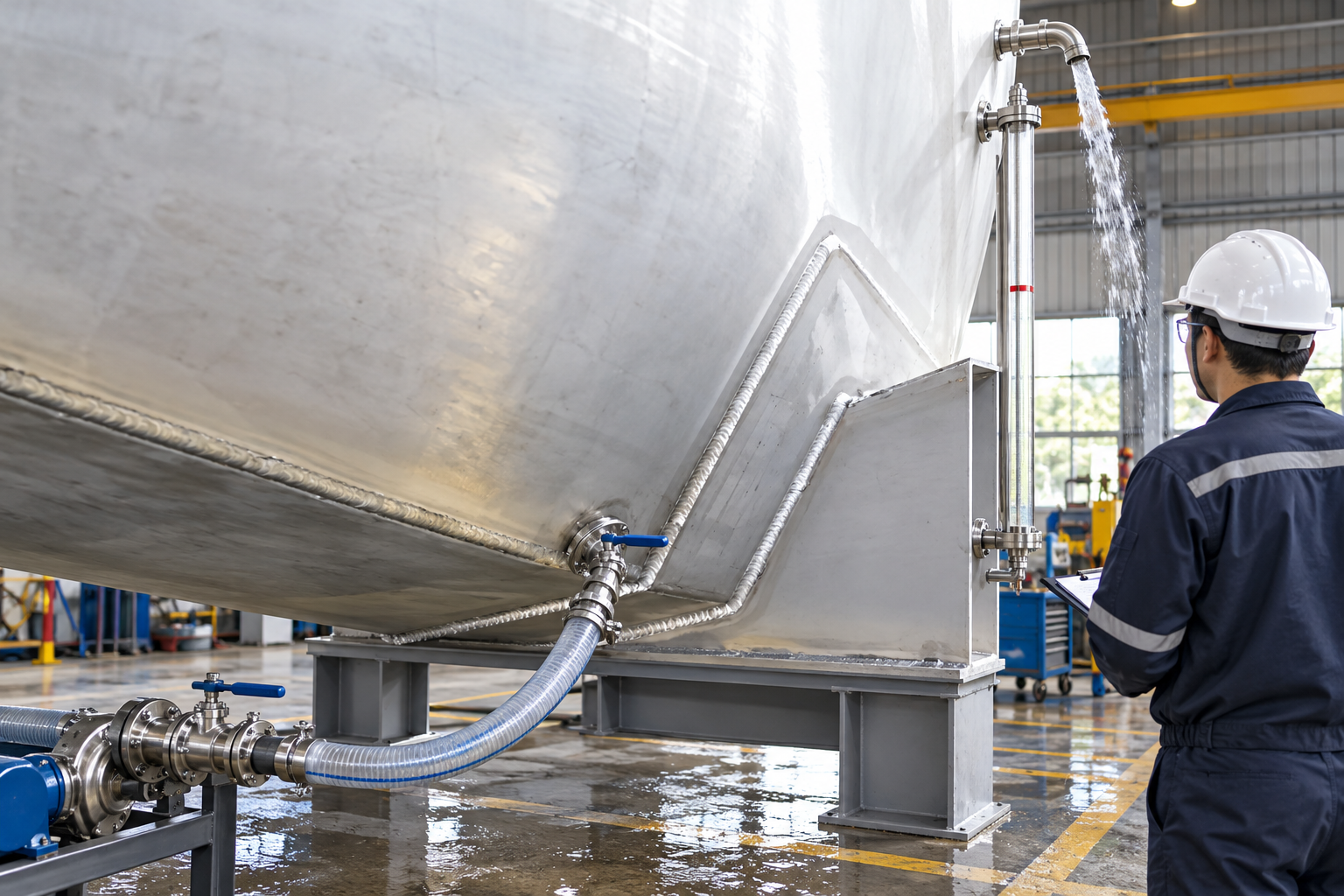 Hydrostatic test filling Controlled water filling arrangement on a horizontal stainless storage tank