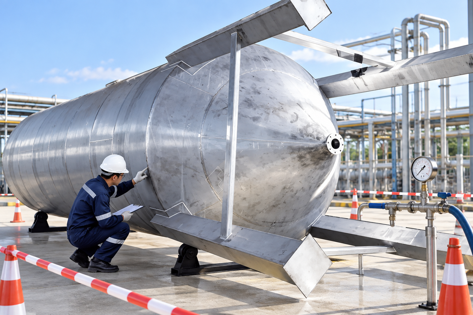 Hydrostatic test inspection Inspector examining weld seams on a horizontal stainless tank during a hydrostatic hold