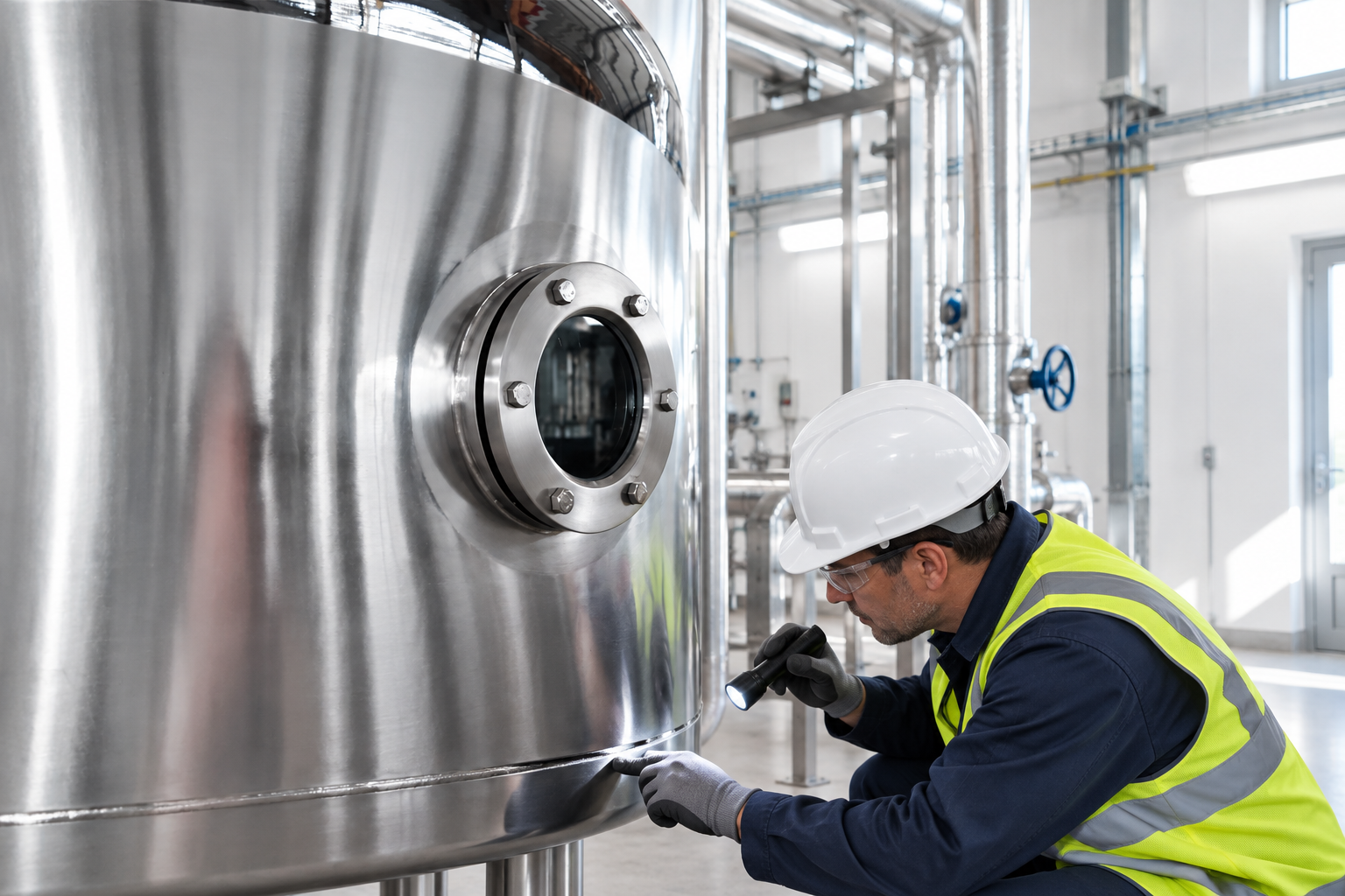 Tank insulation cladding inspection Technician inspecting lower cladding seams on an insulated stainless steel tank