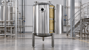 Vertical stainless steel tank with a cutaway view of insulation and cladding