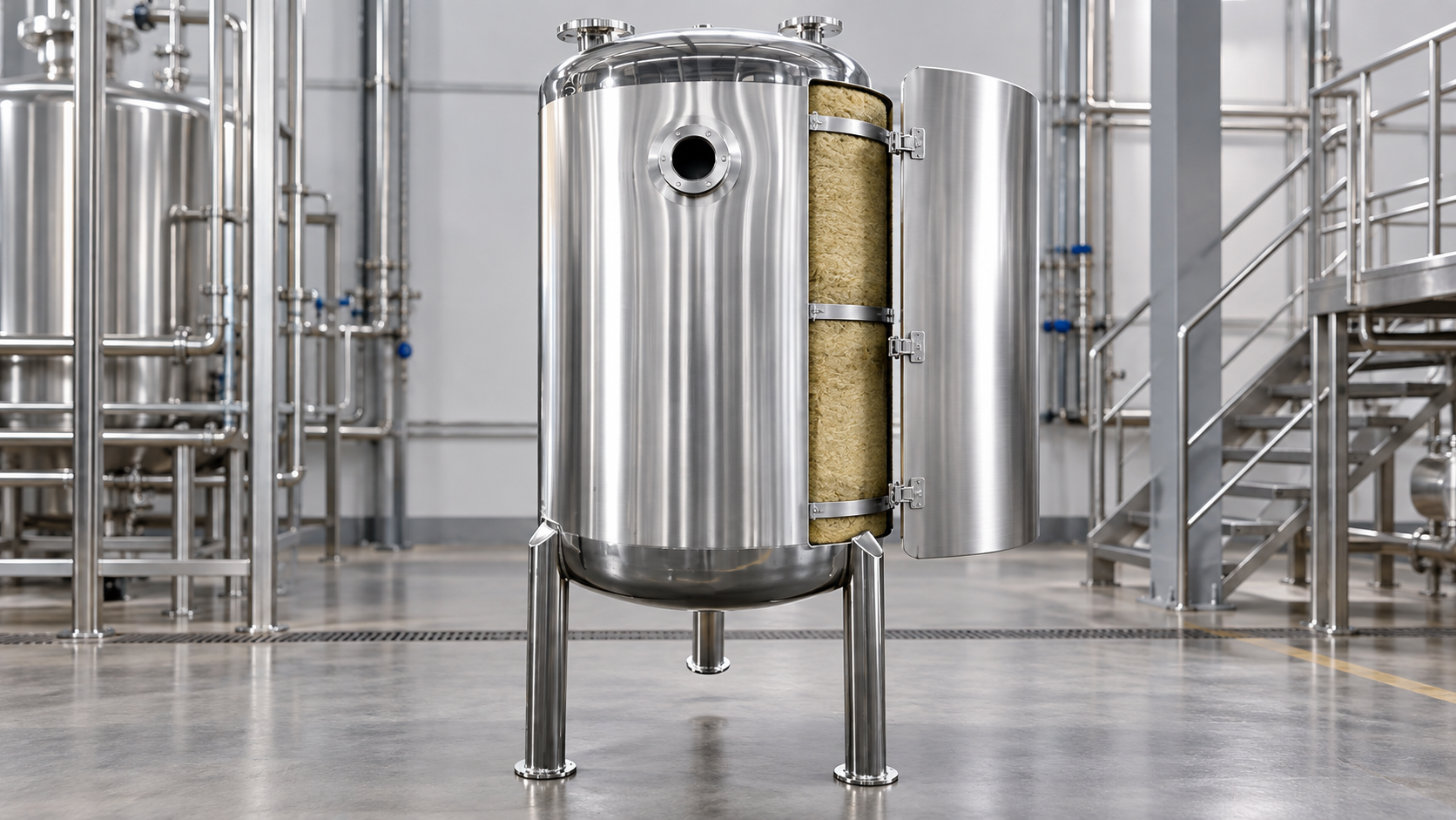 Vertical stainless steel tank with a cutaway view of insulation and cladding