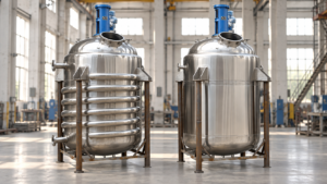 Two stainless steel reactors comparing half-pipe coil and conventional jackets