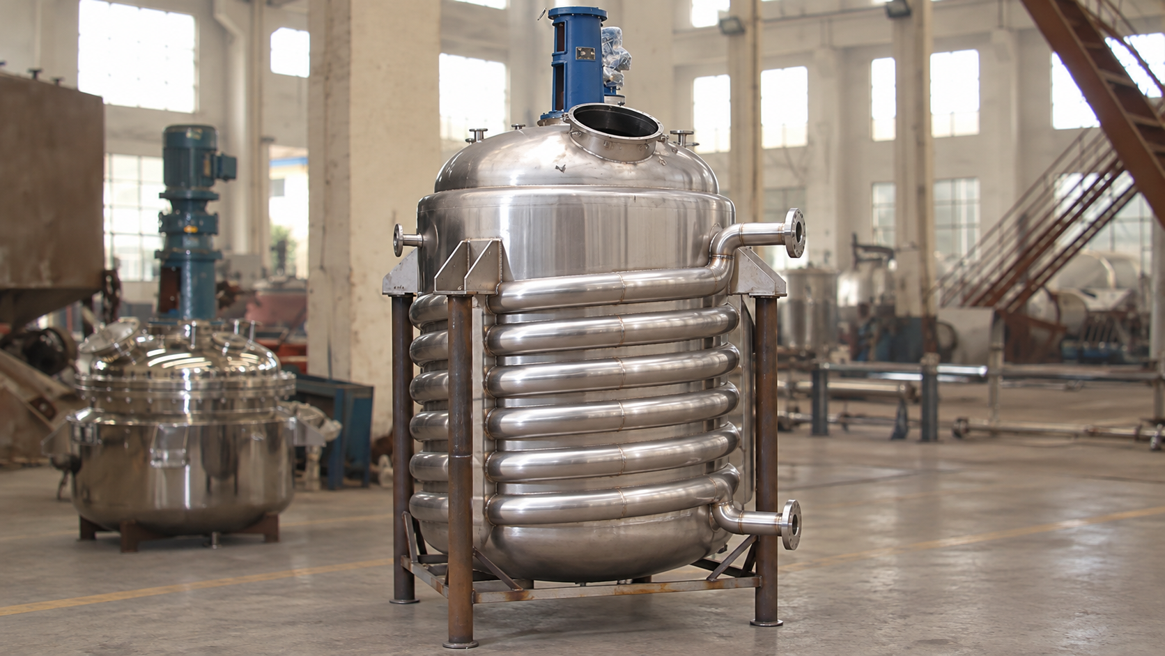 Stainless steel reactor with a visible helical half-pipe coil jacket
