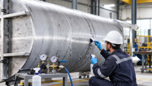 Technician carrying out a low-pressure leak test on a horizontal stainless tank