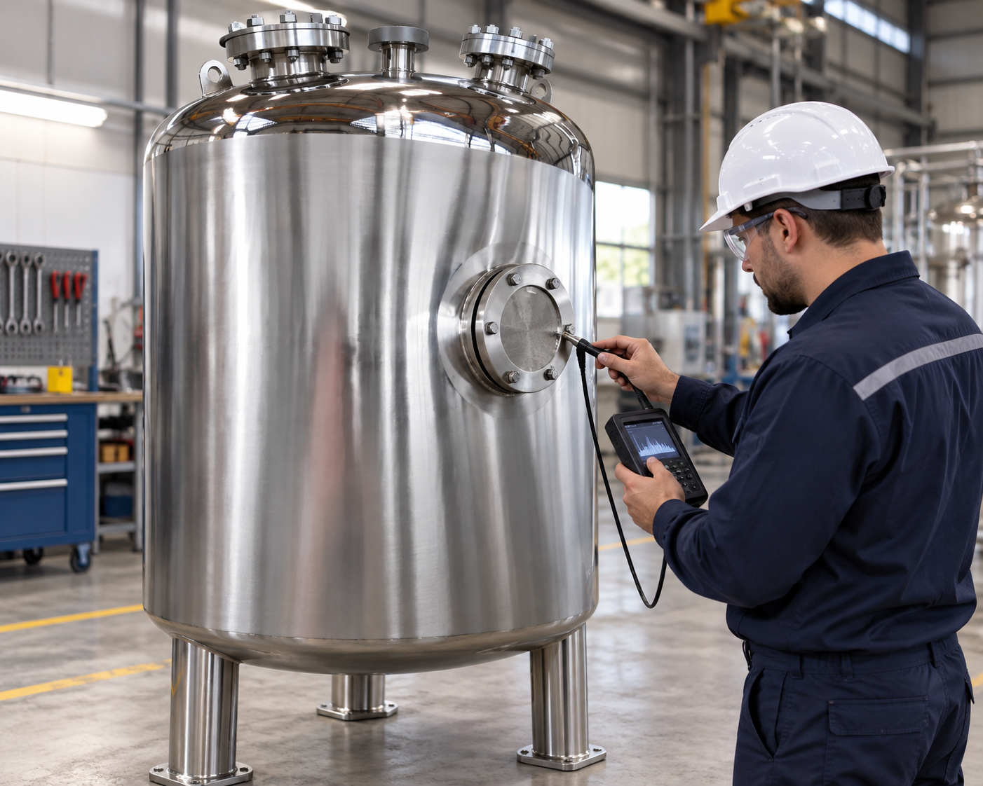 Technician checking a stainless storage tank nozzle with an ultrasonic leak detector