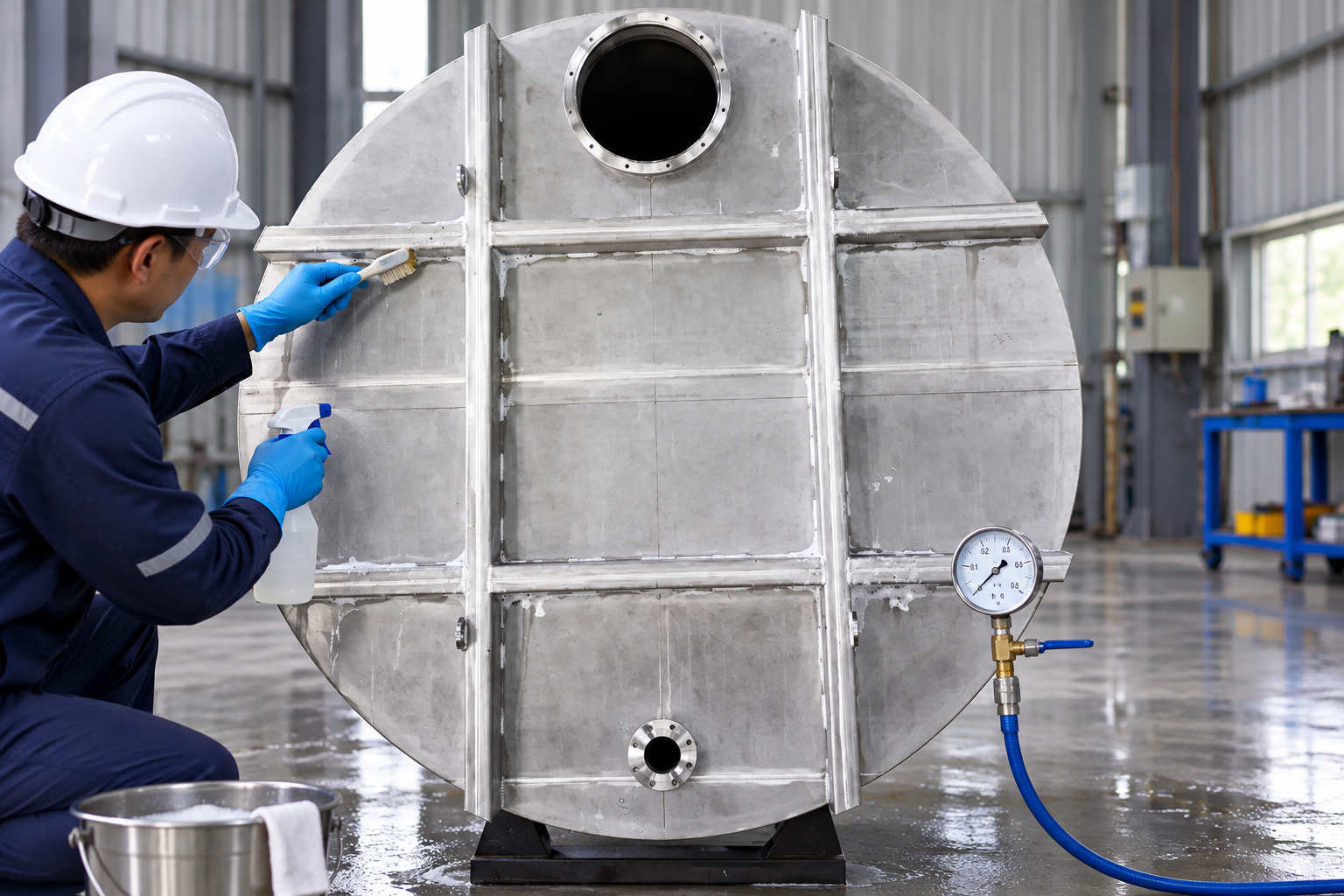Soap solution leak check on the end welds of a horizontal stainless storage tank