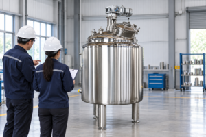 Two engineers inspect a stainless steel mixing tank during factory acceptance testing