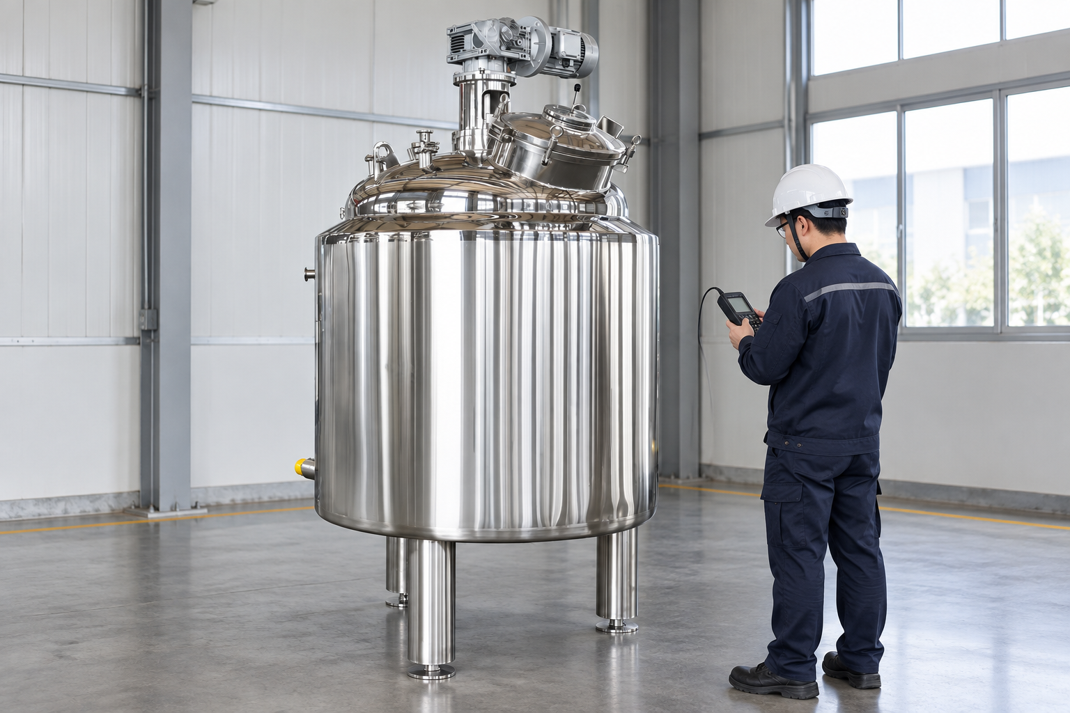 Mixing tank agitator functional check Technician observing stainless steel mixing tank and agitator drive during functional test