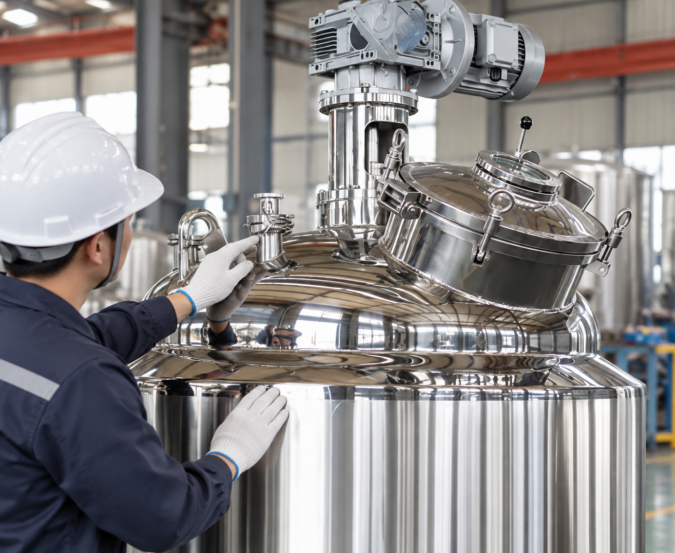 Visual inspection of mixing tank connections Inspector checking stainless mixing tank manway and nozzle arrangement