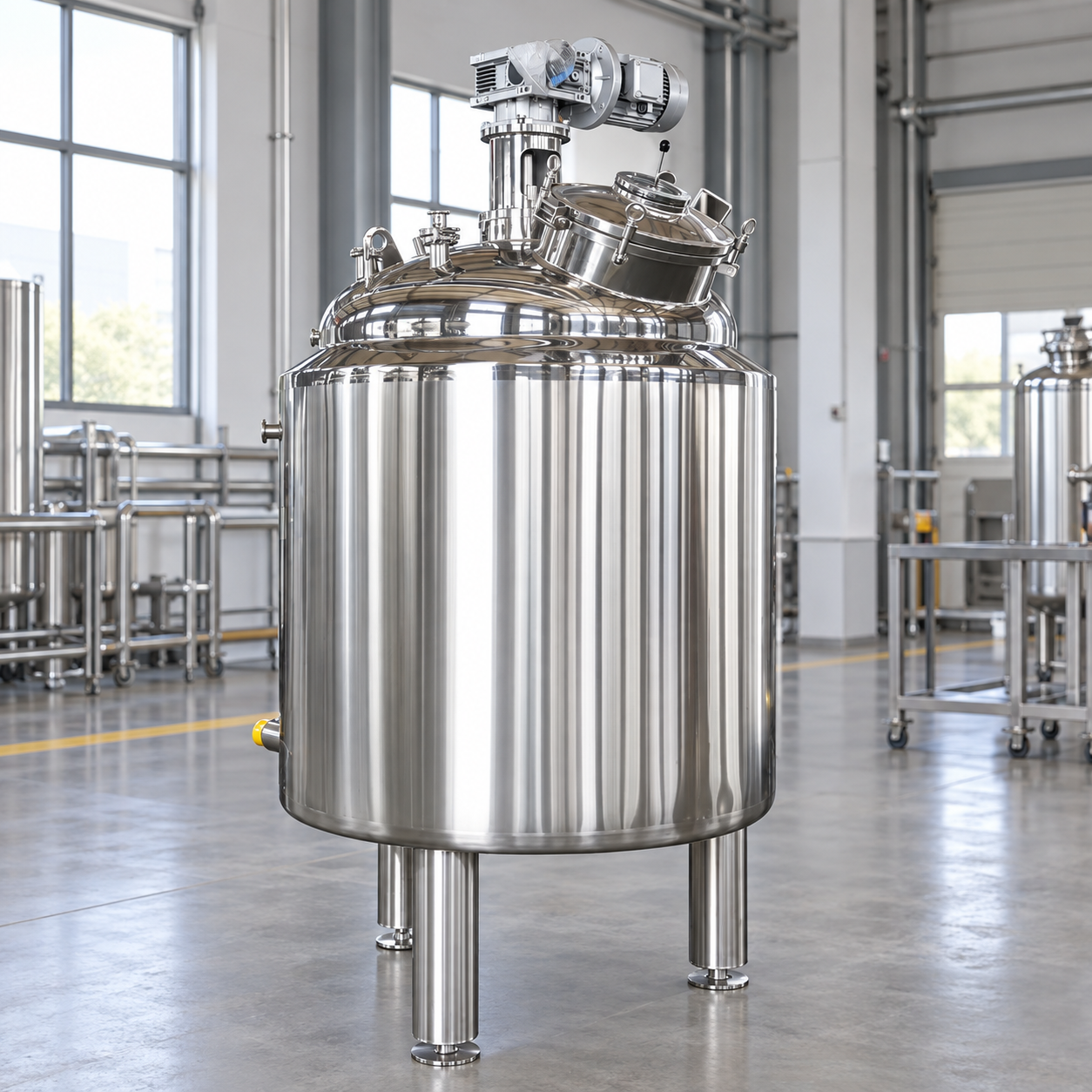 Mixing tank interface review Reference-based full view of a stainless steel mixing tank for reviewing nitrogen blanketing access and vessel limits