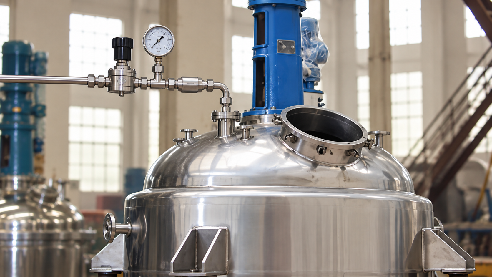 Nitrogen inlet and regulator connected to a stainless steel chemical reactor