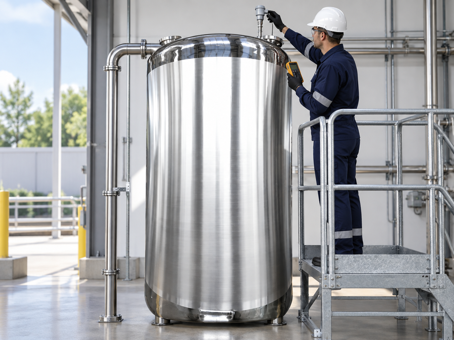 High-level protection test Technician function testing a high-level device on a vertical stainless steel storage tank