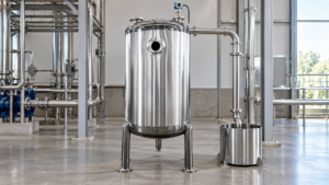Vertical stainless steel tank with a dedicated overflow route and contained receiver