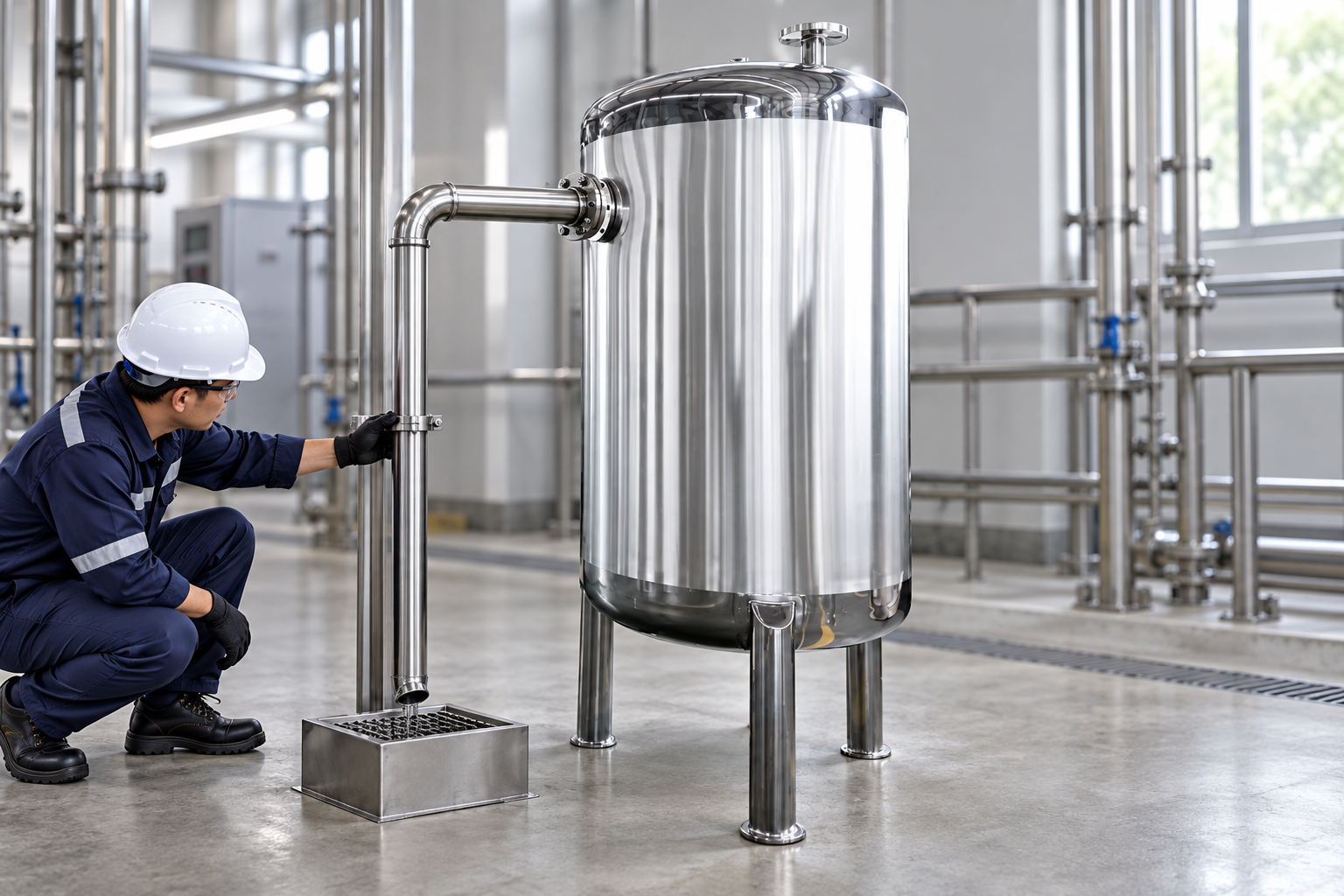 Storage tank overflow route Technician inspecting a dedicated overflow pipe on a vertical stainless steel tank