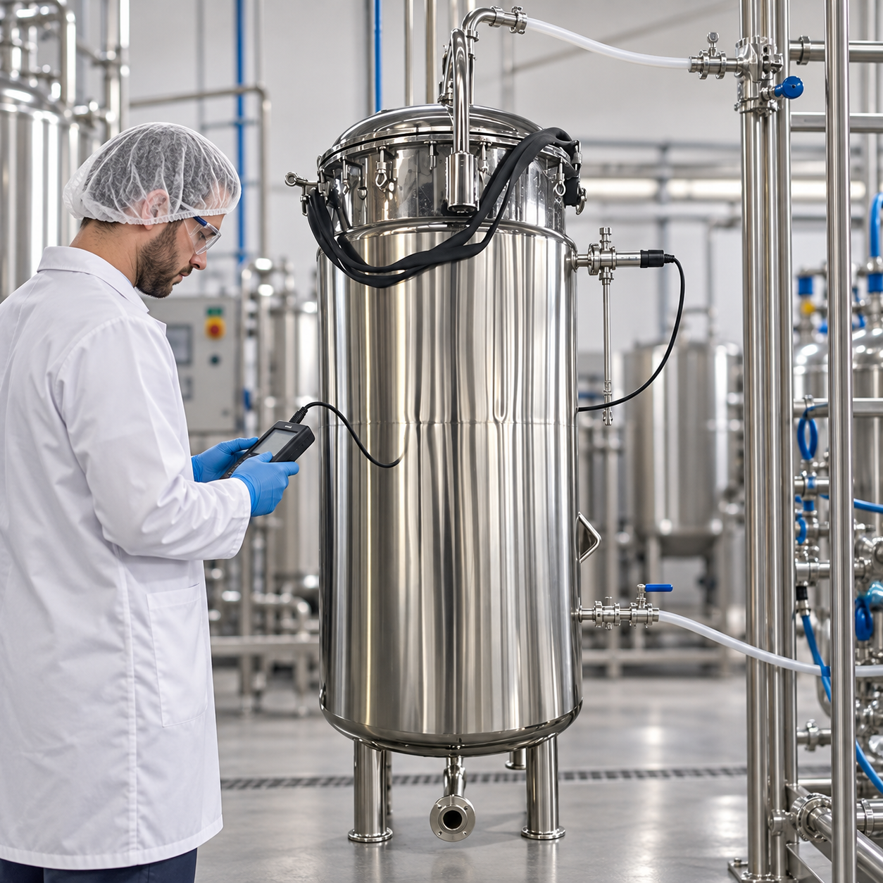 Technician checking oxygen-transfer instrumentation on a stainless steel fermenter