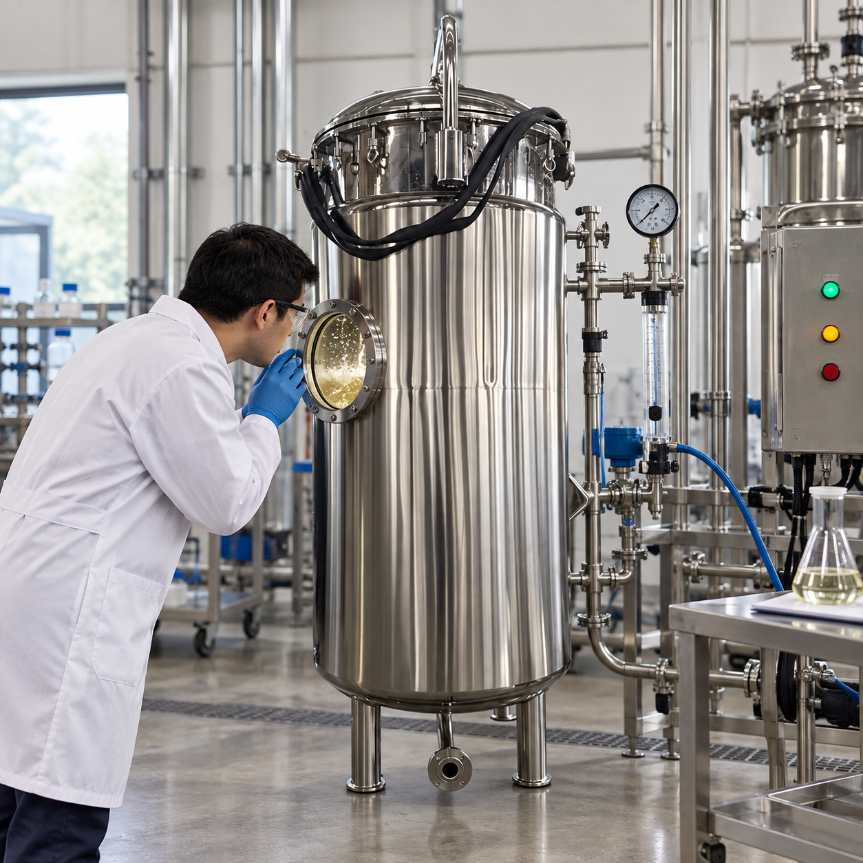 Engineer observing an aerated fermenter mixing test