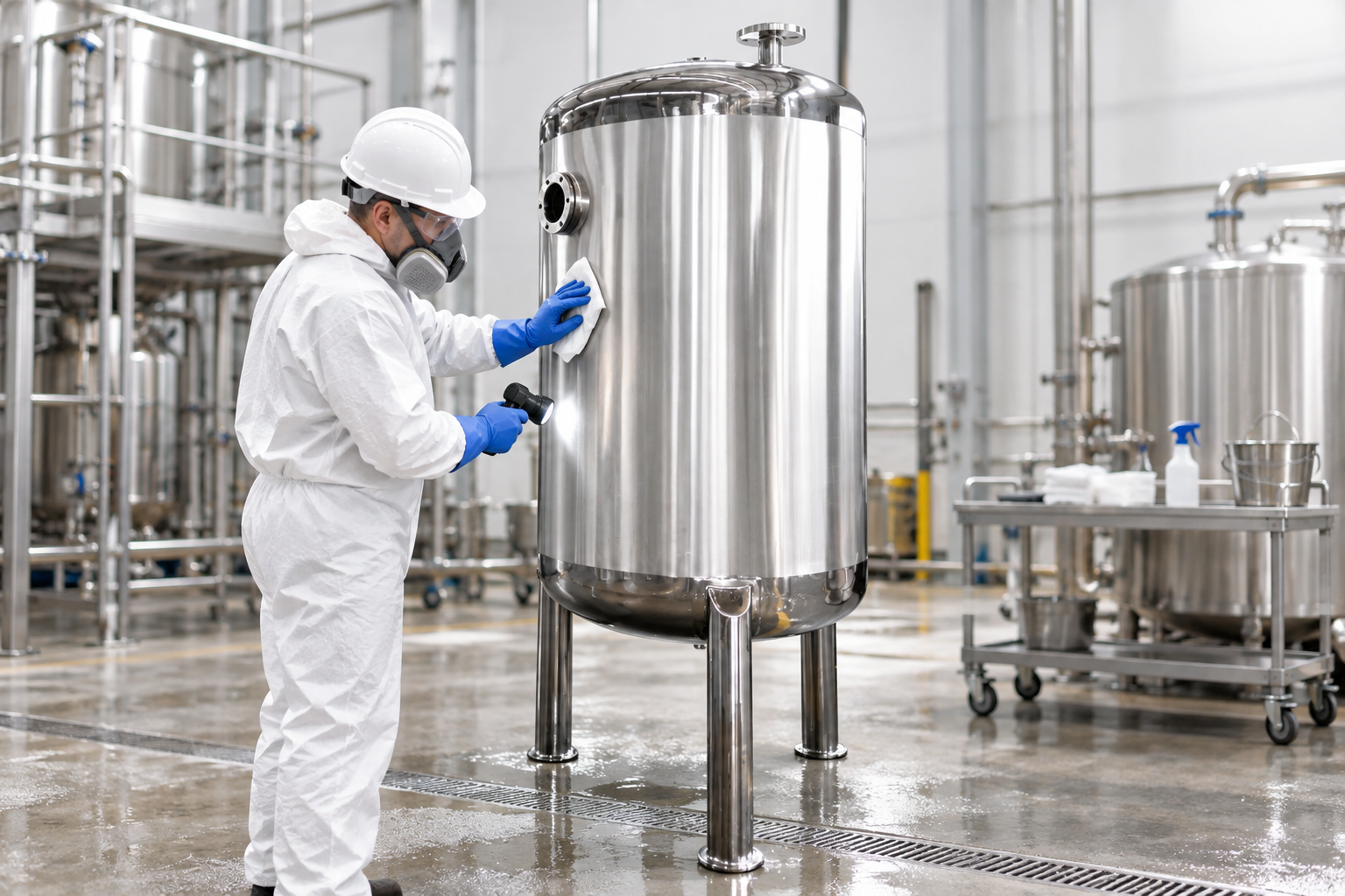 Pre-passivation tank cleaning Technician cleaning and inspecting a vertical stainless steel receiving tank before passivation