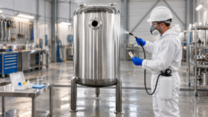 Technician applying a controlled passivation treatment to a vertical stainless steel tank