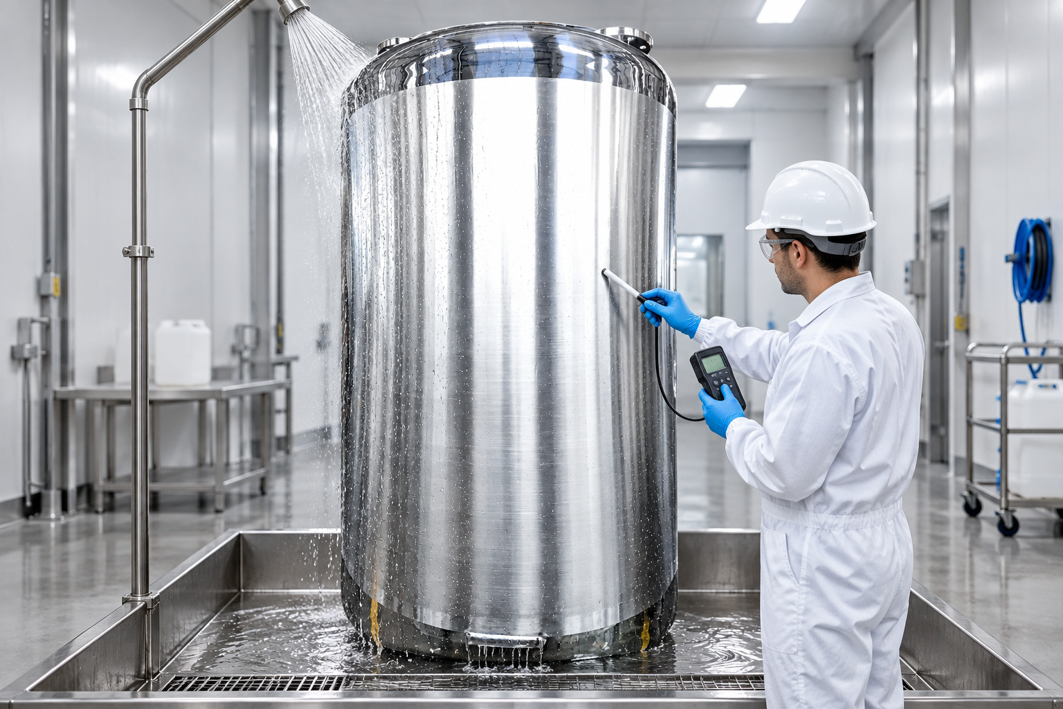 Passivation rinse and verification Final rinse and surface verification on a vertical stainless steel tank