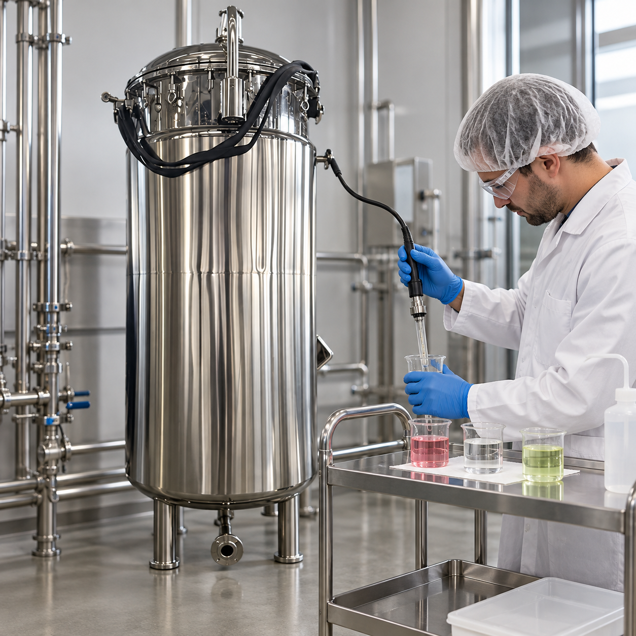Technician calibrating a fermenter pH probe