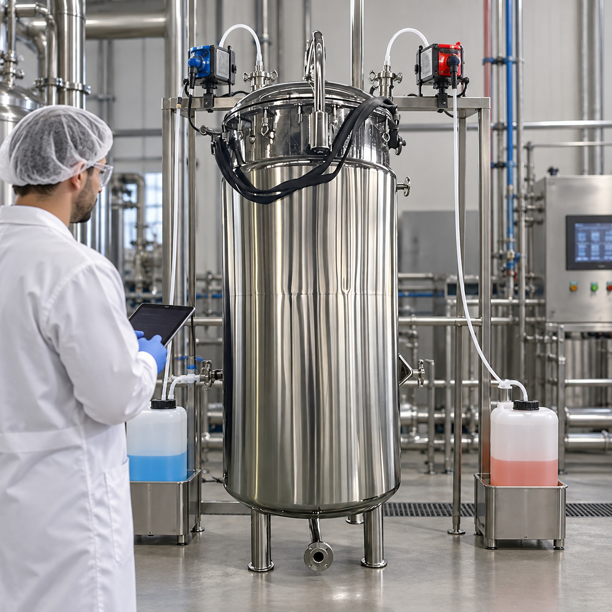 Acid and base dosing system beside a stainless steel fermenter