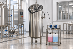 Stainless steel fermenter with pH probe and acid/base dosing pumps