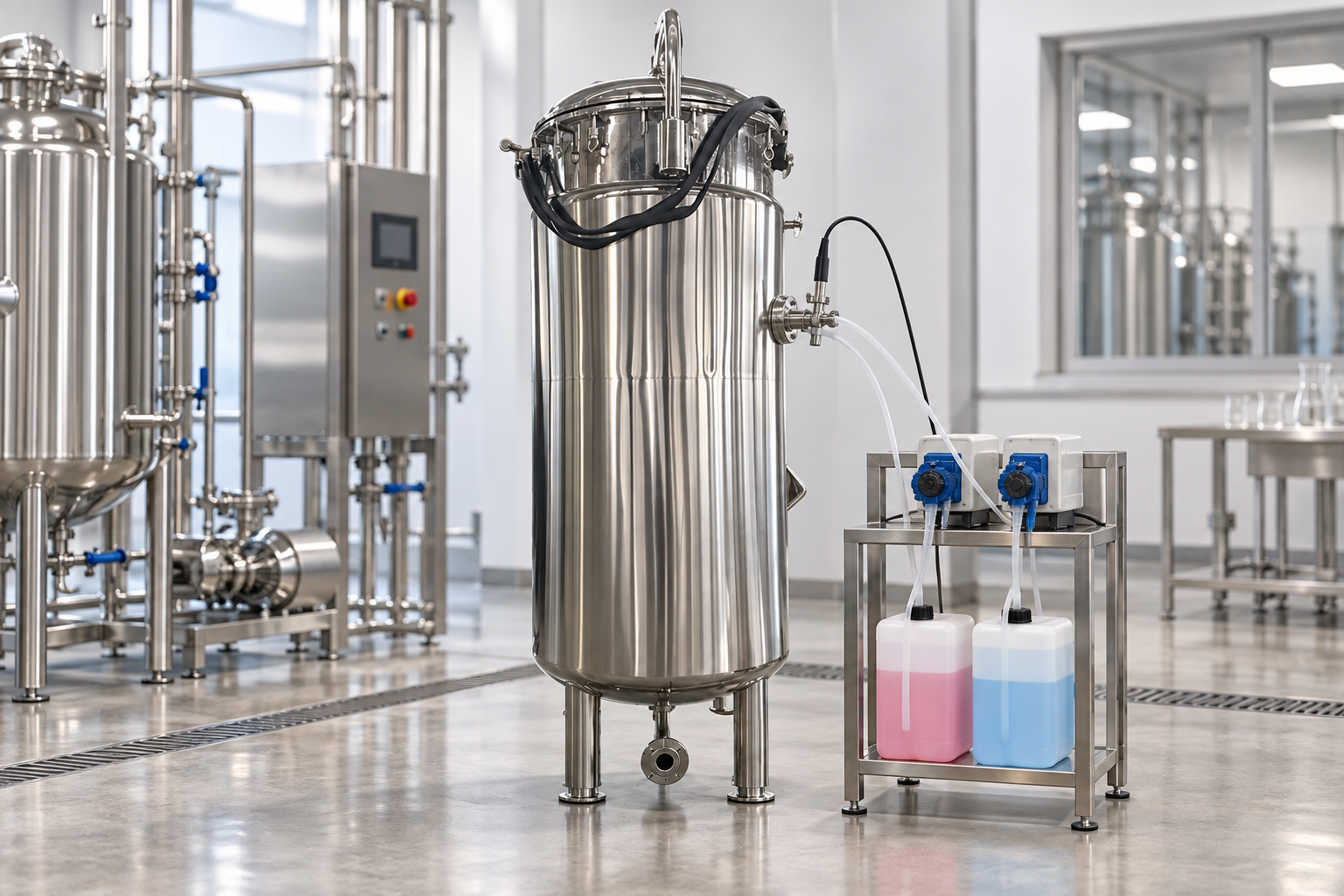 Stainless steel fermenter with pH probe and acid/base dosing pumps