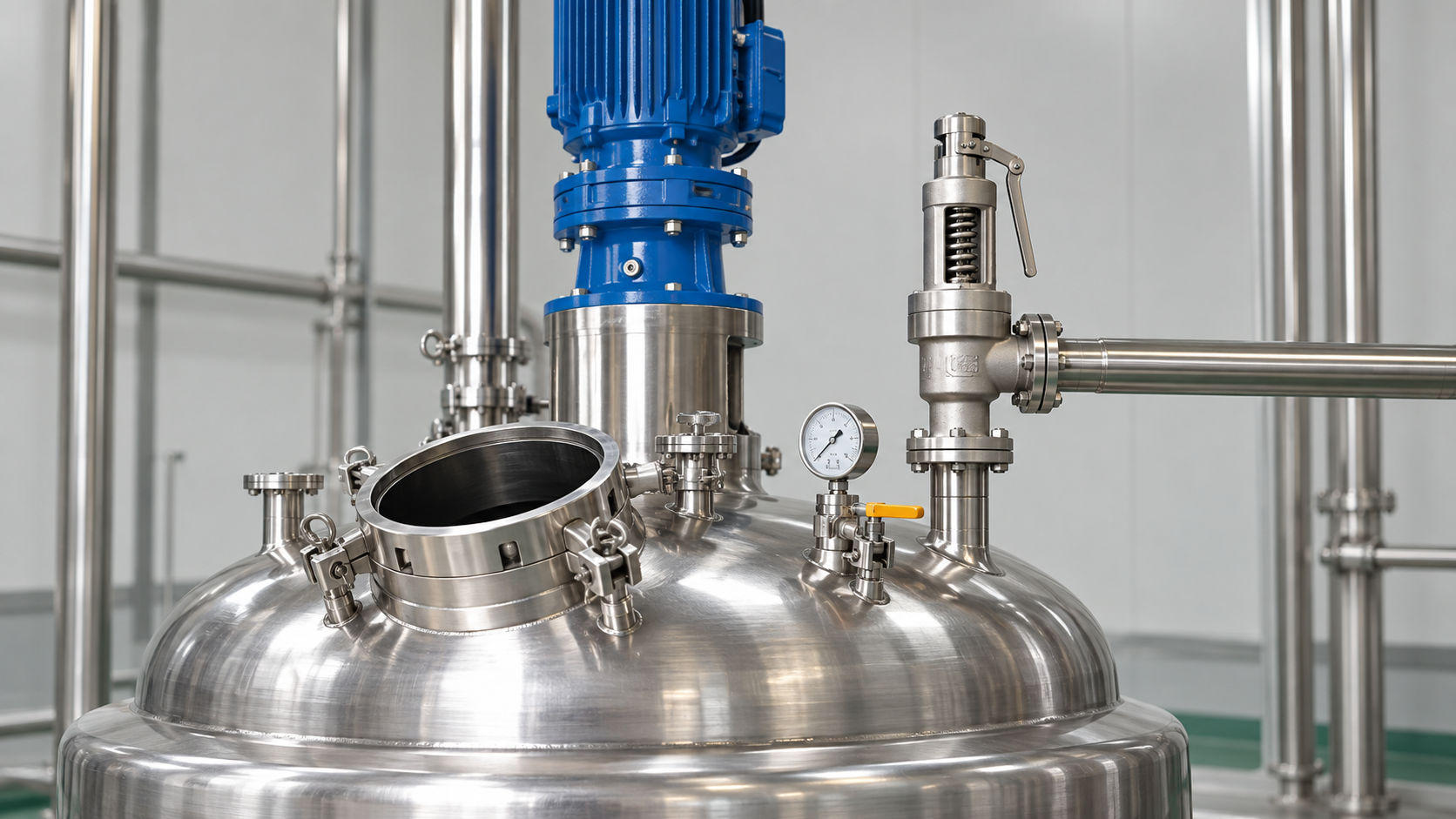Spring-loaded safety relief valve installed on a stainless steel reactor top head