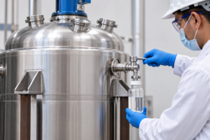 Engineer using a sealed sampling valve on the chemical reactor