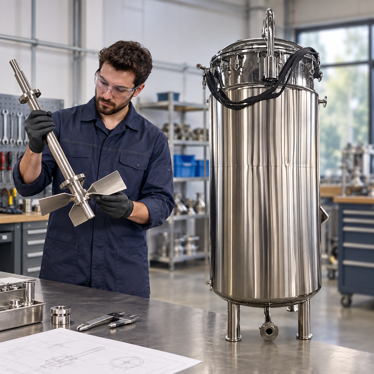 Engineer inspecting an agitator assembly next to a stainless fermenter