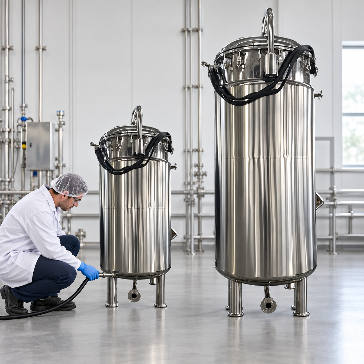Pilot and production stainless fermenters with matching external design