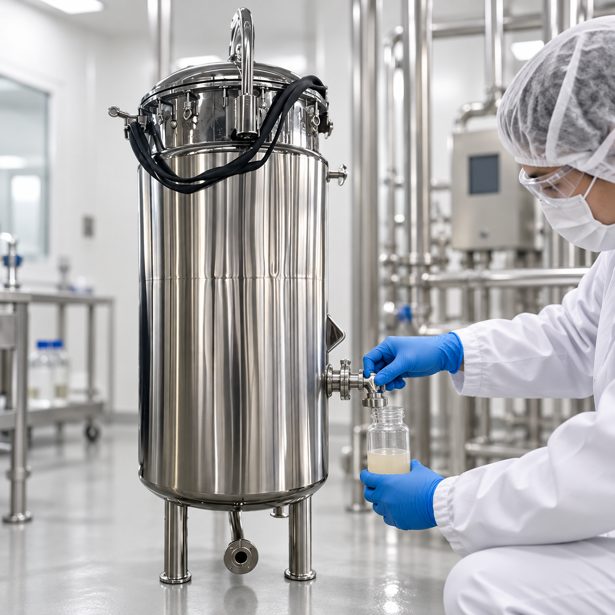 Technician inspecting the seed fermenter before closed transfer