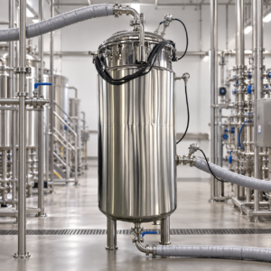 Stainless steel fermenter prepared for steam-in-place sterilization
