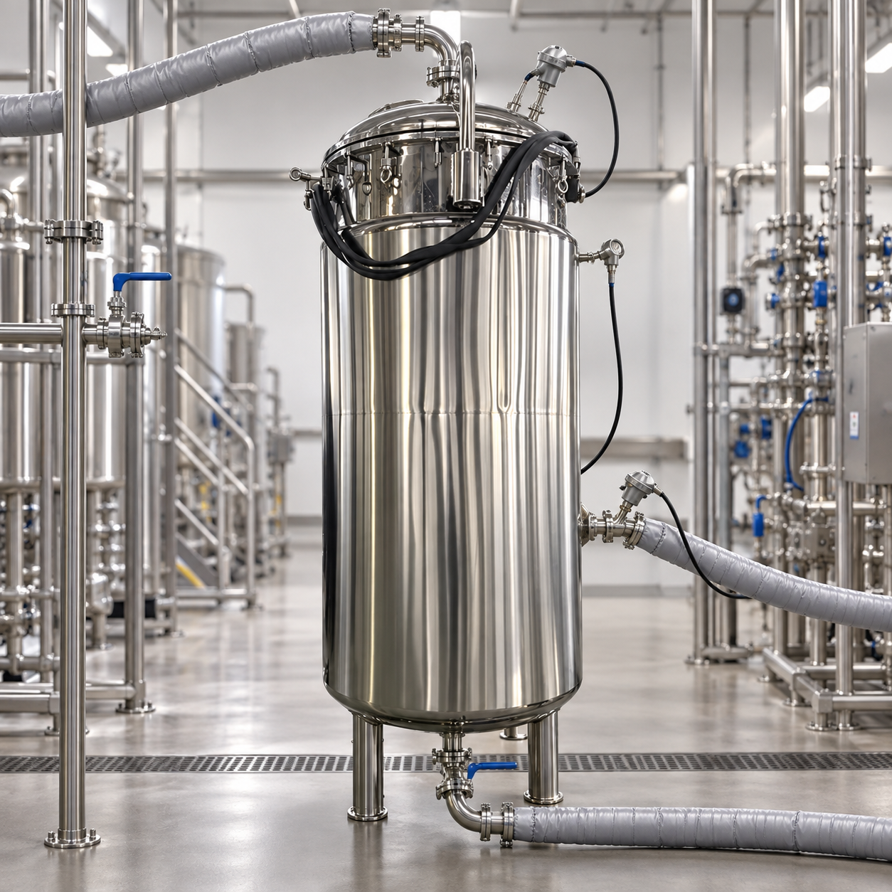 Stainless steel fermenter prepared for steam-in-place sterilization