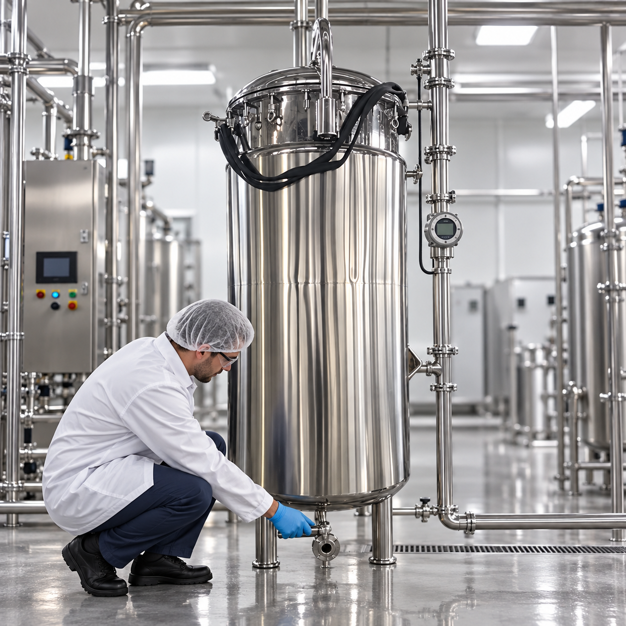Technician inspecting a fermenter condensate drain after SIP