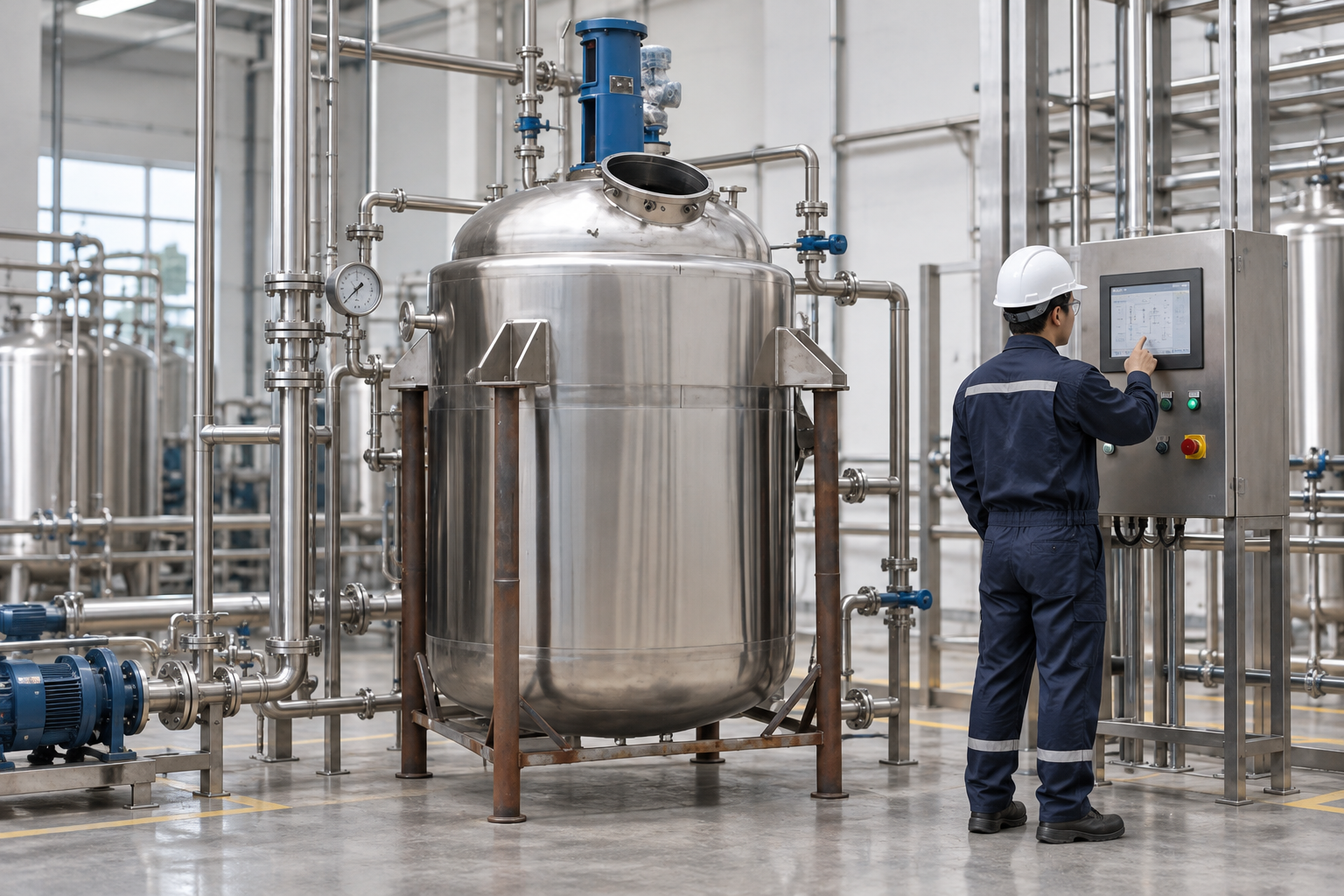 Operator reviewing batch cycle time at a stainless steel reactor control panel