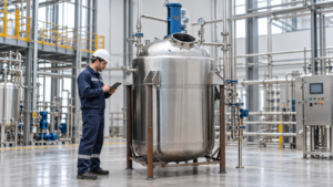 Engineer reviewing capacity calculations beside a stainless steel batch reactor