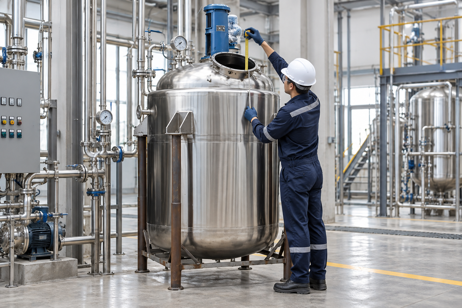 Engineer checking working volume and headspace on a stainless steel batch reactor