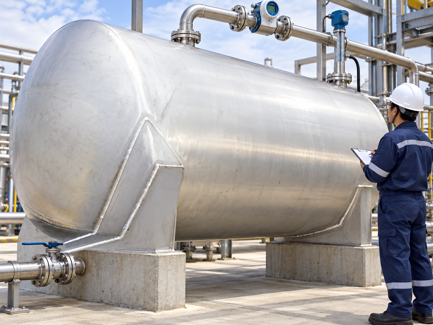 Horizontal stainless steel storage tank with inlet and outlet flow measurement
