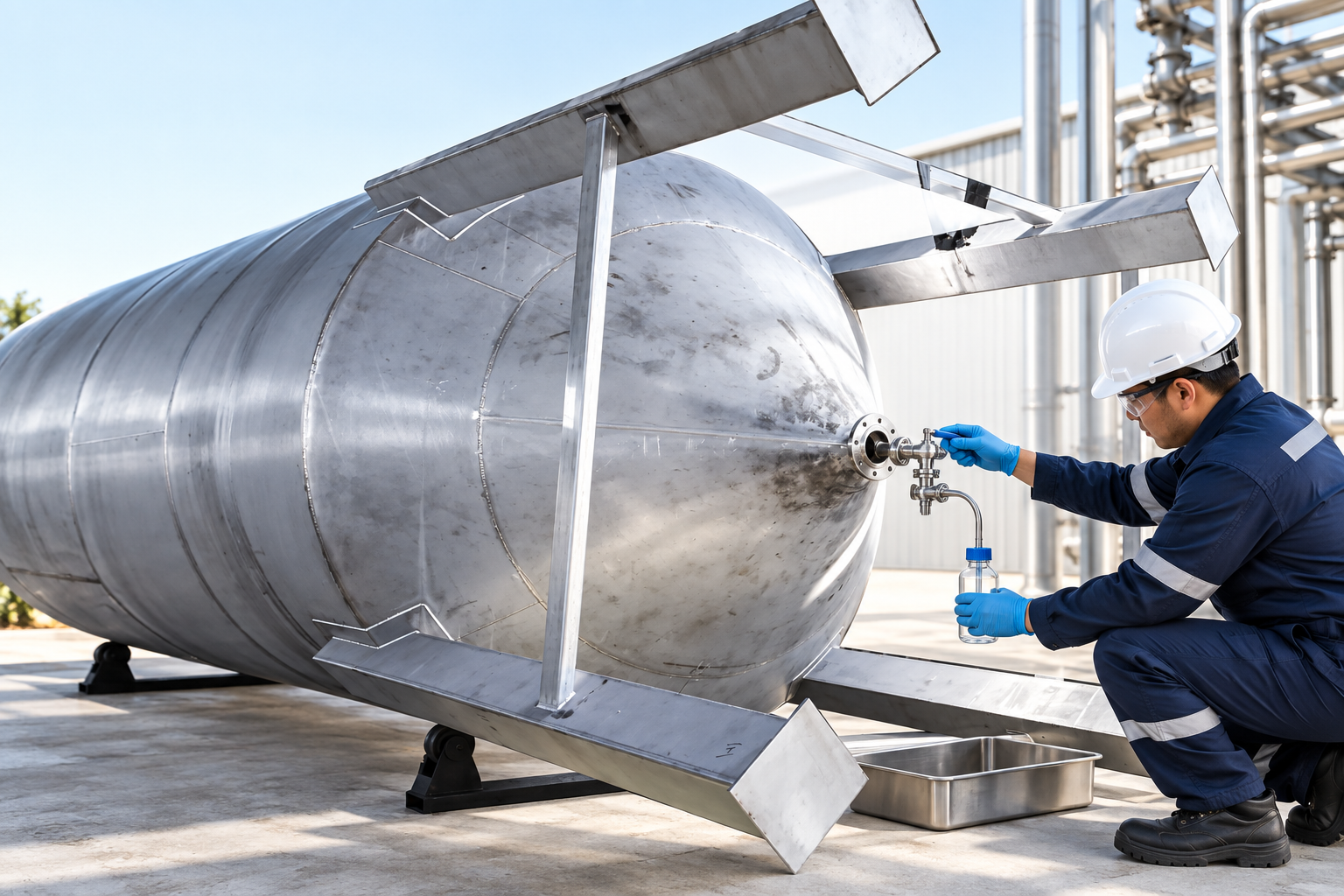 Operator taking a controlled quality sample from a horizontal stainless steel storage tank