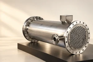 Exposed tube sheet and exchanger shell on a black studio platform